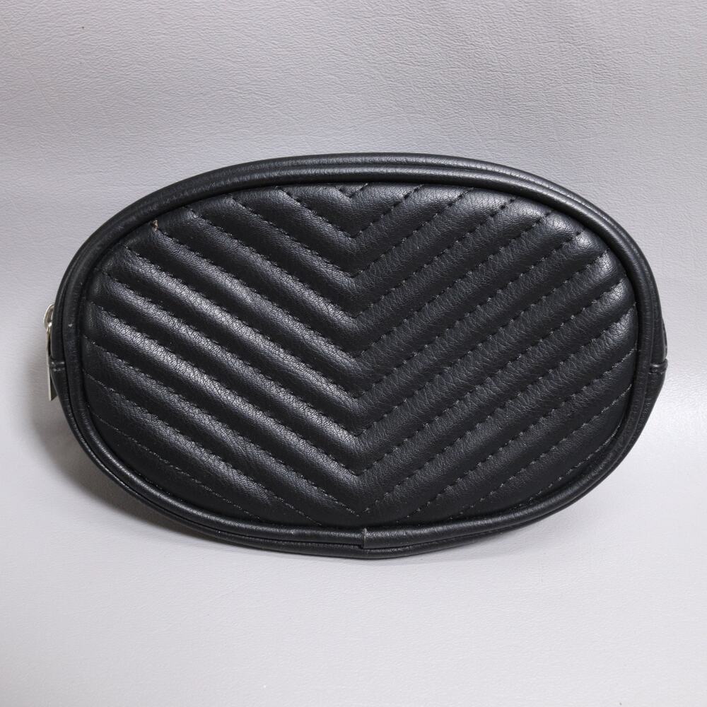 Sleek Belt Bag Waist Pouch Handbag Black Oval Lined Gold Tone Zip Loops